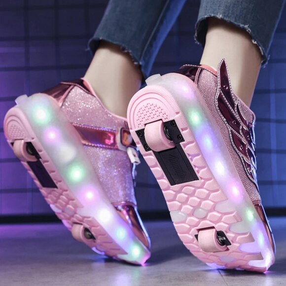 Kids Rose Usb Chargeable Led Light Up Wheeled Skate Sneaker Shoes - Picture 9 of 9